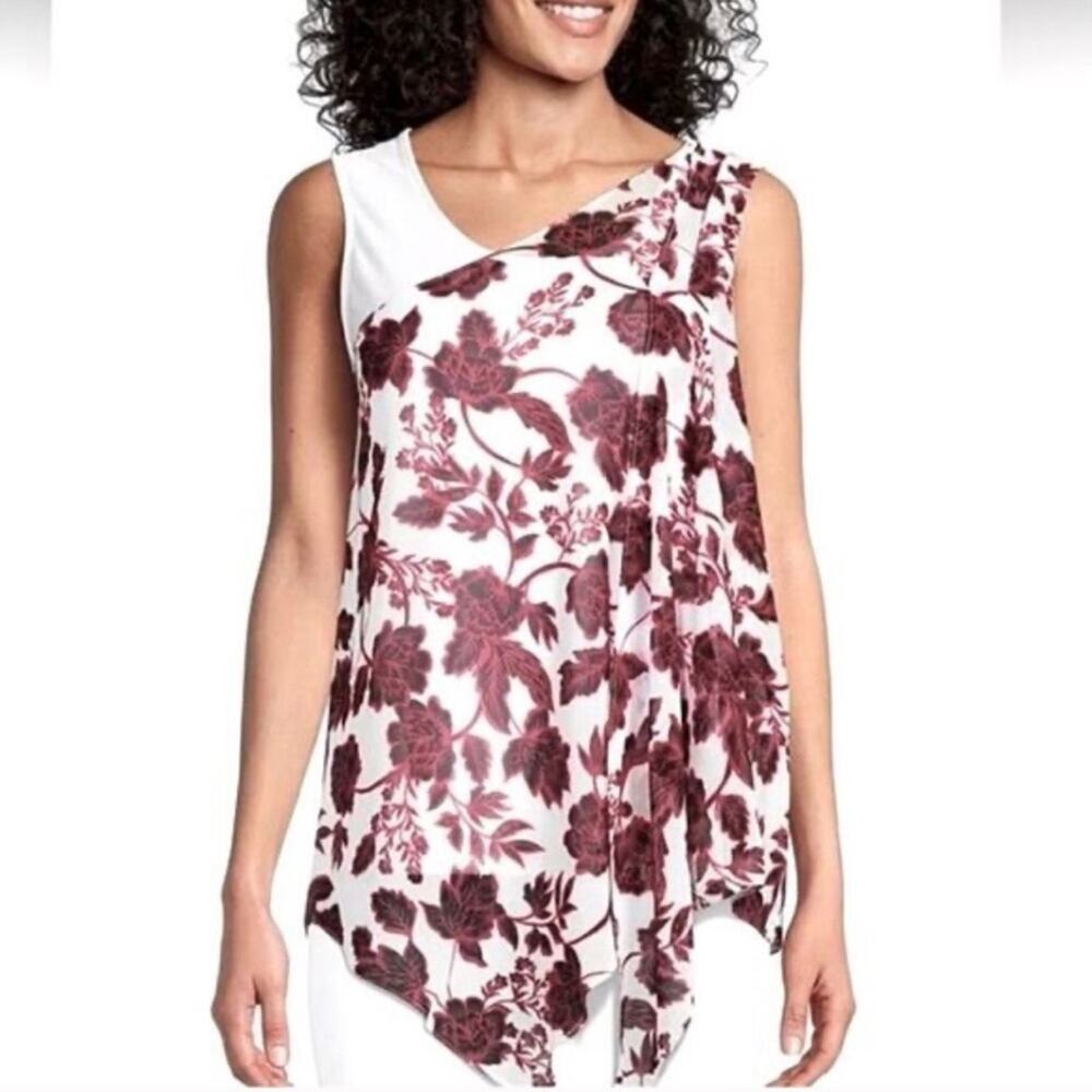 Investments Slim Factor Floral Print Sleeveless Asymmetrical Neck Top Size XL